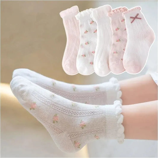 5 Pairs of Cute Cotton Kids' Socks for Girls & Boys – Solid Princess Design, Thin Mesh Summer Socks with Floral and Cartoon Patterns