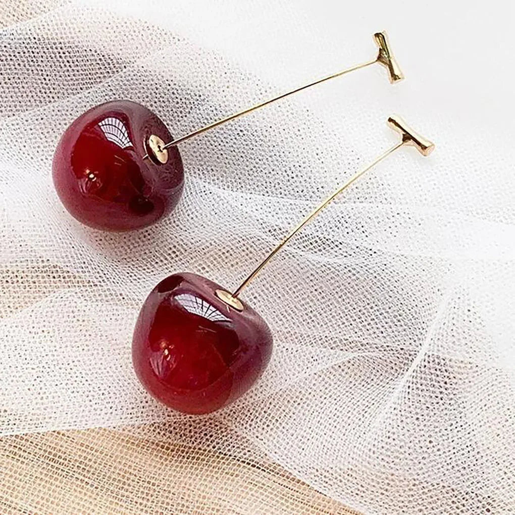 Cherry Blossom Dangle Earrings – Sweet Red & Gold Elegance